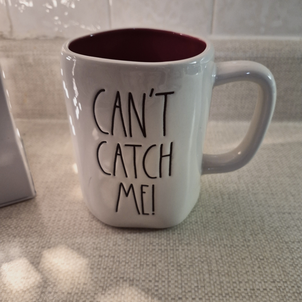 Rae Dunn Double Sided White Mug with Red Interior - 'Can't Catch Me'